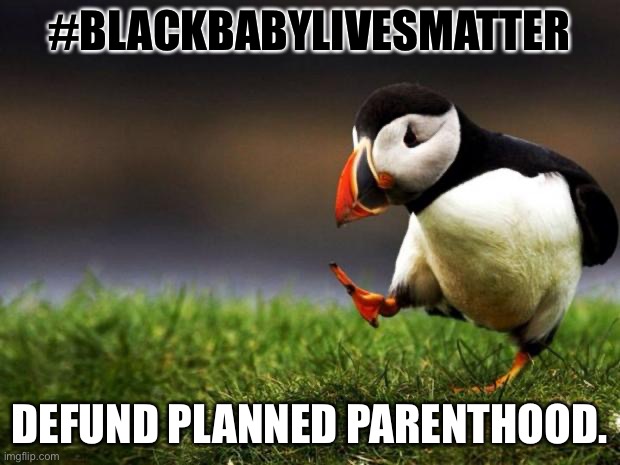Black Baby Lives Matter | #BLACKBABYLIVESMATTER; DEFUND PLANNED PARENTHOOD. | image tagged in memes,unpopular opinion puffin,black lives matter,baby,planned parenthood,racist | made w/ Imgflip meme maker