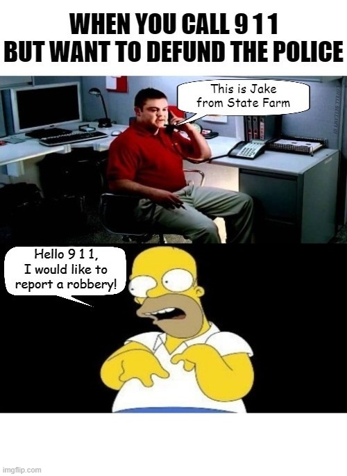 Homer Mock Jake From State Farm Defund The Police | image tagged in homer mock jake from state farm defund the police | made w/ Imgflip meme maker