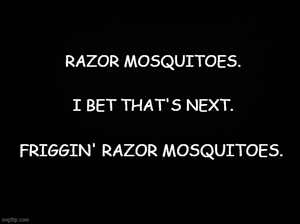 zzzzzzzzap | RAZOR MOSQUITOES. I BET THAT'S NEXT. FRIGGIN' RAZOR MOSQUITOES. | image tagged in black background,plague | made w/ Imgflip meme maker