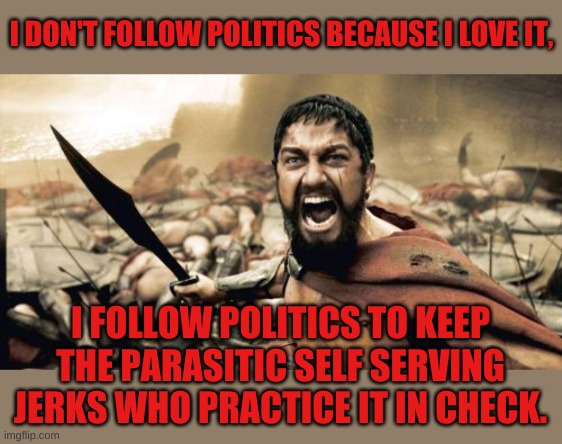 Sometimes it takes more than voting, like asking them embarrassing questions at a campaign rally. | I DON'T FOLLOW POLITICS BECAUSE I LOVE IT, I FOLLOW POLITICS TO KEEP THE PARASITIC SELF SERVING JERKS WHO PRACTICE IT IN CHECK. | image tagged in memes,sparta leonidas | made w/ Imgflip meme maker