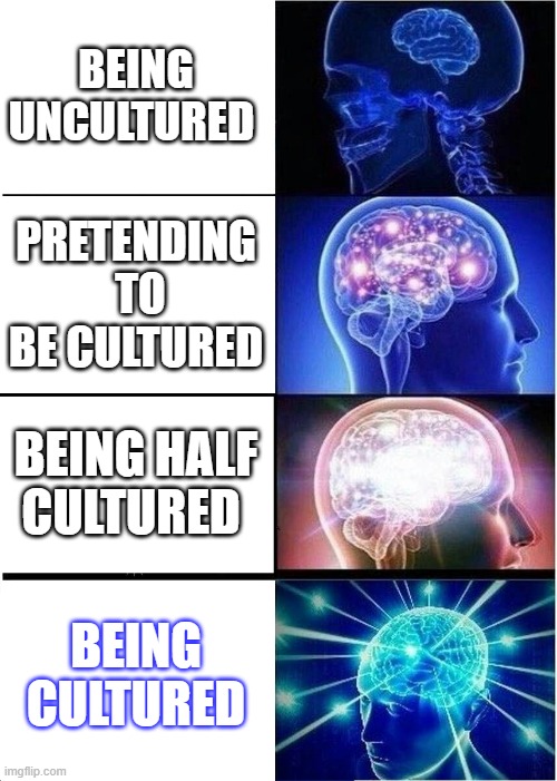 Expanding Brain | BEING UNCULTURED; PRETENDING  TO BE CULTURED; BEING HALF CULTURED; BEING CULTURED | image tagged in memes,expanding brain | made w/ Imgflip meme maker