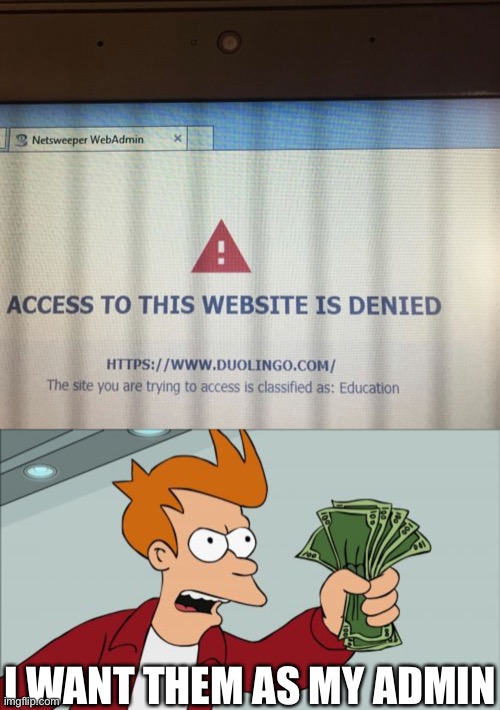 Duolingo Blocked? | I WANT THEM AS MY ADMIN | image tagged in memes,shut up and take my money fry,duolingo,funny,funny meme,yay | made w/ Imgflip meme maker