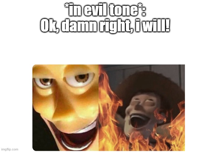 Satanic Woody | *in evil tone*: Ok, damn right, i will! | image tagged in satanic woody | made w/ Imgflip meme maker