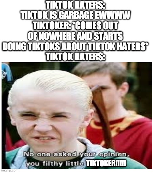 NO ONE ASKED YOUR OPINION TIKTOK!!!!! | TIKTOK HATERS: TIKTOK IS GARBAGE EWWWW
TIKTOKER: *COMES OUT OF NOWHERE AND STARTS DOING TIKTOKS ABOUT TIKTOK HATERS*
TIKTOK HATERS:; TIKTOKER!!!!! | image tagged in tiktok,draco malfoy | made w/ Imgflip meme maker