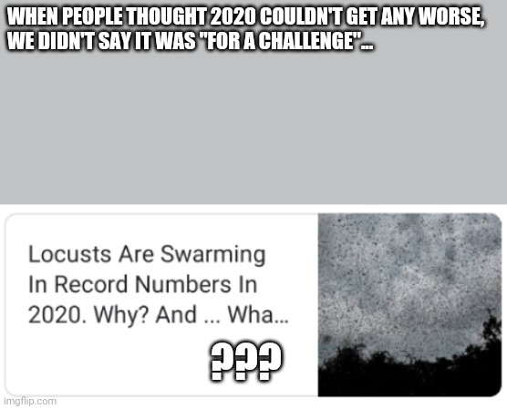 This Is 2020. | WHEN PEOPLE THOUGHT 2020 COULDN'T GET ANY WORSE,
WE DIDN'T SAY IT WAS "FOR A CHALLENGE"... ??? | image tagged in coronavirus,2020,locust | made w/ Imgflip meme maker