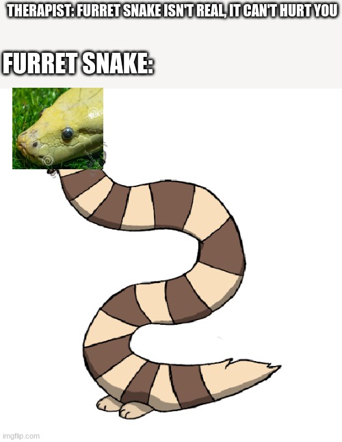 0-0 | FURRET SNAKE:; THERAPIST: FURRET SNAKE ISN'T REAL, IT CAN'T HURT YOU | image tagged in furret,snake,furret snake,memes | made w/ Imgflip meme maker