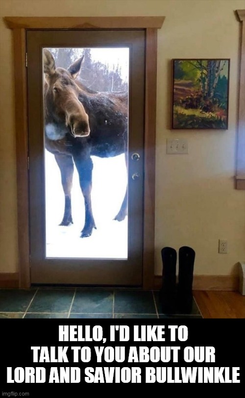 What do you say there moose? | HELLO, I'D LIKE TO TALK TO YOU ABOUT OUR LORD AND SAVIOR BULLWINKLE | image tagged in bullwinkle,moose | made w/ Imgflip meme maker