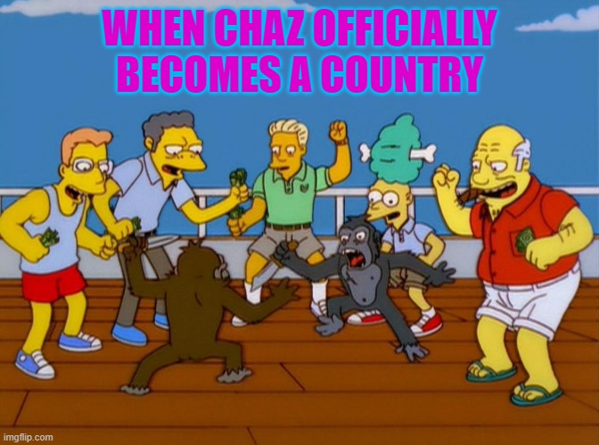 Simpsons Monkey Fight | WHEN CHAZ OFFICIALLY BECOMES A COUNTRY | image tagged in simpsons monkey fight | made w/ Imgflip meme maker