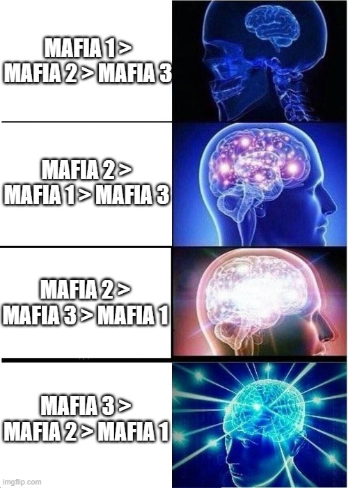 Mafia Game | MAFIA 1 > MAFIA 2 > MAFIA 3; MAFIA 2 > MAFIA 1 > MAFIA 3; MAFIA 2 > MAFIA 3 > MAFIA 1; MAFIA 3 > MAFIA 2 > MAFIA 1 | image tagged in memes,expanding brain | made w/ Imgflip meme maker