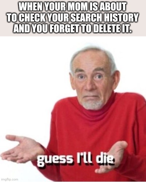 Guess I'll die | WHEN YOUR MOM IS ABOUT TO CHECK YOUR SEARCH HISTORY AND YOU FORGET TO DELETE IT. | image tagged in guess i'll die,mom,kids,scary | made w/ Imgflip meme maker