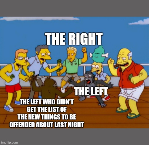Simpsons Monkey Fight | THE RIGHT; THE LEFT; THE LEFT WHO DIDN'T GET THE LIST OF THE NEW THINGS TO BE OFFENDED ABOUT LAST NIGHT | image tagged in simpsons monkey fight | made w/ Imgflip meme maker