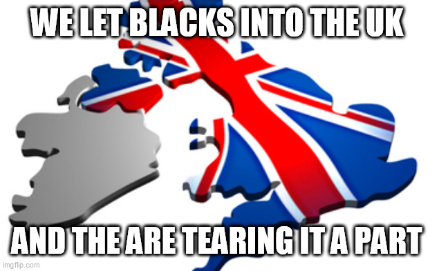 uk | WE LET BLACKS INTO THE UK; AND THE ARE TEARING IT A PART | image tagged in uk | made w/ Imgflip meme maker