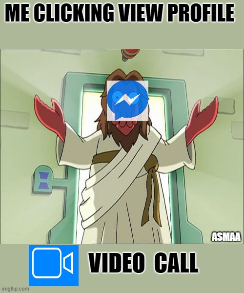 Zoidberg Jesus | ME CLICKING VIEW PROFILE; ASMAA; VIDEO  CALL | image tagged in memes,zoidberg jesus | made w/ Imgflip meme maker