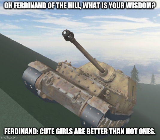 Ferdinand | OH FERDINAND OF THE HILL, WHAT IS YOUR WISDOM? FERDINAND: CUTE GIRLS ARE BETTER THAN HOT ONES. | image tagged in tank,tanks | made w/ Imgflip meme maker