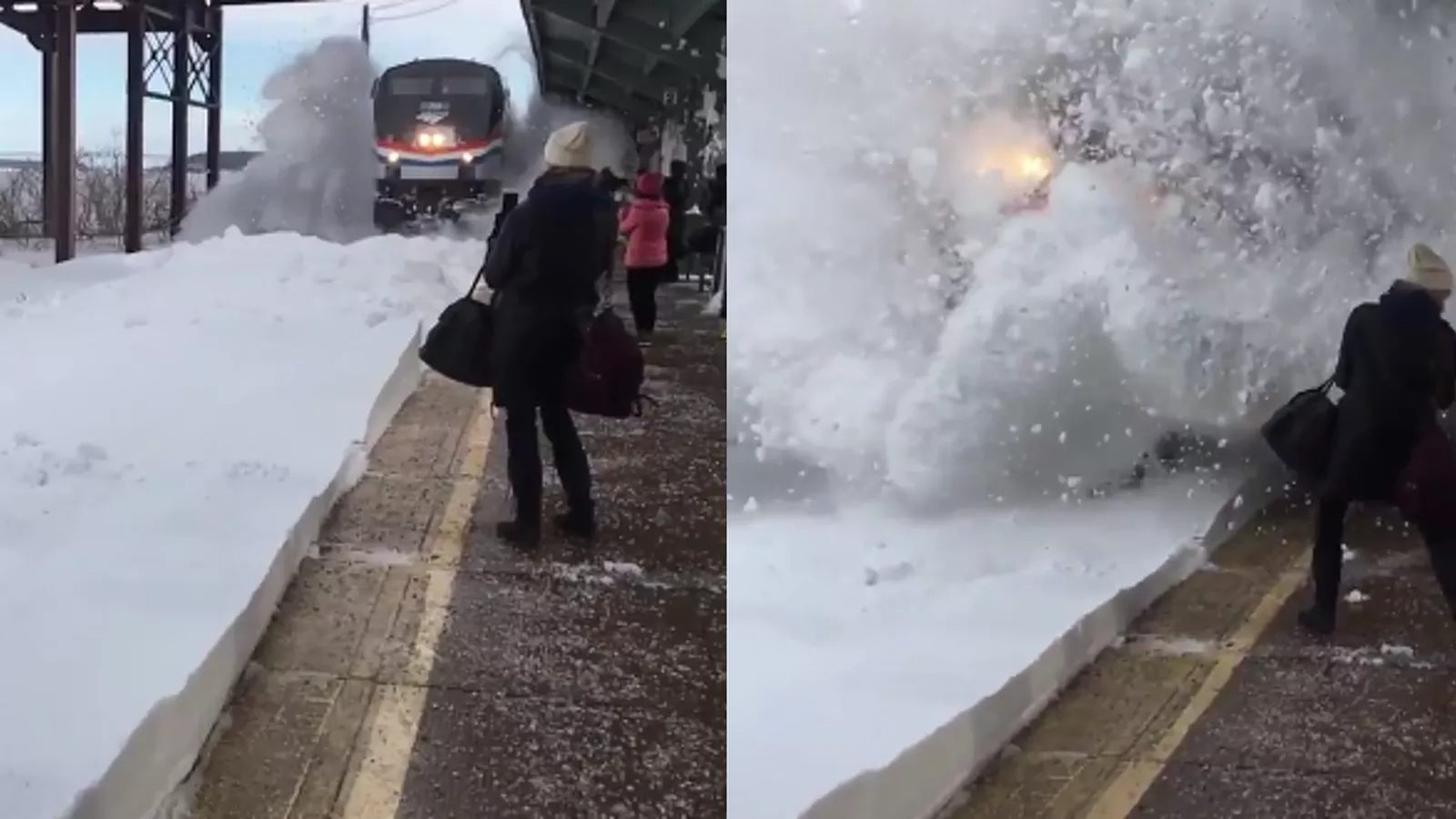 Amtrak train plows snow on people Blank Meme Template
