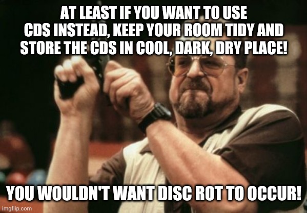 Am I The Only One Around Here Meme | AT LEAST IF YOU WANT TO USE CDS INSTEAD, KEEP YOUR ROOM TIDY AND STORE THE CDS IN COOL, DARK, DRY PLACE! YOU WOULDN'T WANT DISC ROT TO OCCUR | image tagged in memes,am i the only one around here | made w/ Imgflip meme maker