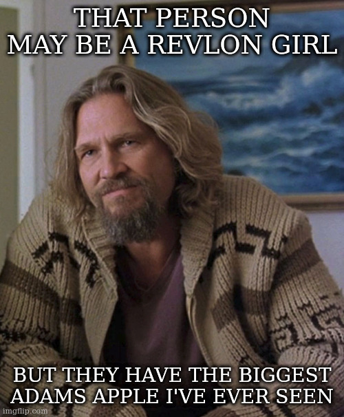 opinion | THAT PERSON MAY BE A REVLON GIRL BUT THEY HAVE THE BIGGEST ADAMS APPLE I'VE EVER SEEN | image tagged in opinion | made w/ Imgflip meme maker