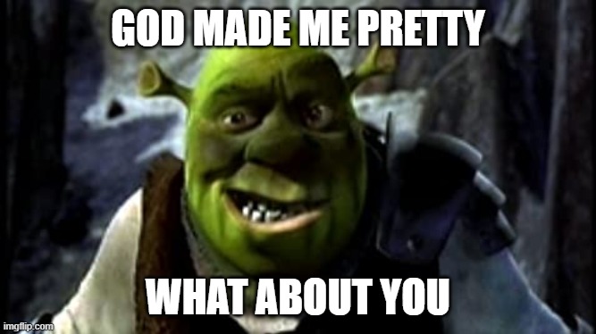 Shrek meme #1 | GOD MADE ME PRETTY; WHAT ABOUT YOU | image tagged in funny,shrek | made w/ Imgflip meme maker