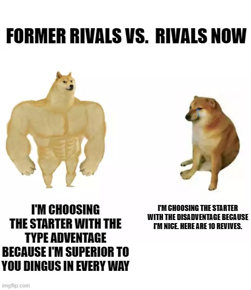 Pokemon Rivals | FORMER RIVALS VS.  RIVALS NOW; I'M CHOOSING THE STARTER WITH THE TYPE ADVENTAGE BECAUSE I'M SUPERIOR TO YOU DINGUS IN EVERY WAY; I'M CHOOSING THE STARTER WITH THE DISADVENTAGE BECAUSE I'M NICE. HERE ARE 10 REVIVES. | image tagged in buff doge vs cheems | made w/ Imgflip meme maker