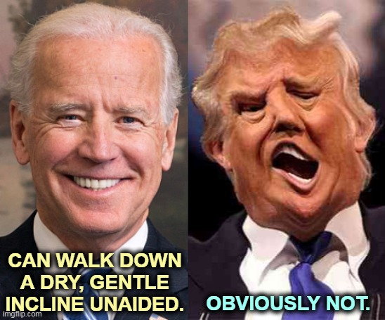 Donald Trump is a sick, old man. | OBVIOUSLY NOT. CAN WALK DOWN A DRY, GENTLE INCLINE UNAIDED. | image tagged in joe biden,healthy,donald trump,sick,old man | made w/ Imgflip meme maker