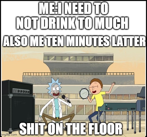 me at a bar | ME:I NEED TO NOT DRINK TO MUCH; ALSO ME TEN MINUTES LATTER; SHIT ON THE FLOOR | image tagged in rick and morty,drunk,shit,floor | made w/ Imgflip meme maker