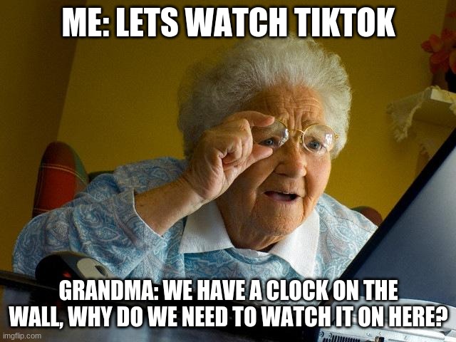 TikTok | ME: LETS WATCH TIKTOK; GRANDMA: WE HAVE A CLOCK ON THE WALL, WHY DO WE NEED TO WATCH IT ON HERE? | image tagged in memes,grandma finds the internet | made w/ Imgflip meme maker