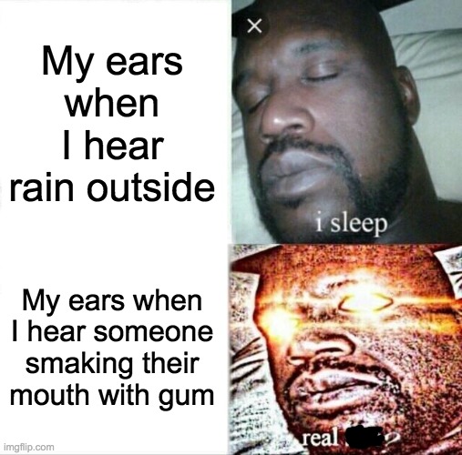 Sleeping Shaq Meme | My ears when I hear rain outside; My ears when I hear someone smaking their mouth with gum | image tagged in memes,sleeping shaq | made w/ Imgflip meme maker