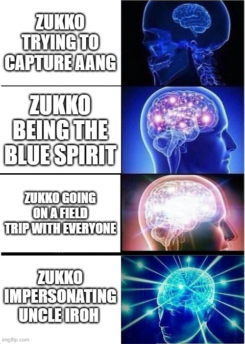 Expanding Brain Meme | ZUKKO TRYING TO CAPTURE AANG; ZUKKO BEING THE BLUE SPIRIT; ZUKKO GOING ON A FIELD TRIP WITH EVERYONE; ZUKKO IMPERSONATING UNCLE IROH | image tagged in memes,expanding brain | made w/ Imgflip meme maker