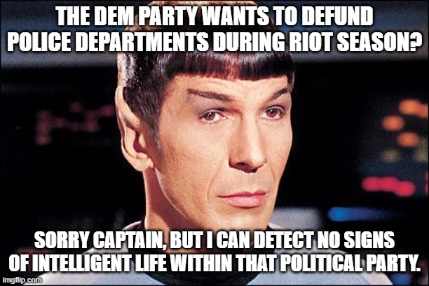 Condescending Spock | THE DEM PARTY WANTS TO DEFUND POLICE DEPARTMENTS DURING RIOT SEASON? SORRY CAPTAIN, BUT I CAN DETECT NO SIGNS OF INTELLIGENT LIFE WITHIN THAT POLITICAL PARTY. | image tagged in condescending spock | made w/ Imgflip meme maker