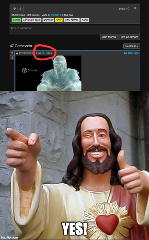 Yayyy! | YES! | image tagged in memes,buddy christ | made w/ Imgflip meme maker