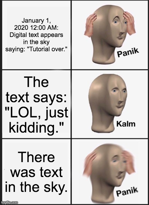 Panik Kalm Panik | January 1, 2020 12:00 AM: Digital text appears in the sky saying: "Tutorial over."; The text says: "LOL, just kidding."; There was text in the sky. | image tagged in memes,panik kalm panik,2020,matrix | made w/ Imgflip meme maker