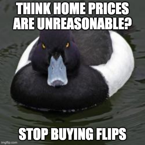 Angry Advice Mallard | THINK HOME PRICES ARE UNREASONABLE? STOP BUYING FLIPS | image tagged in angry advice mallard,AdviceAnimals | made w/ Imgflip meme maker