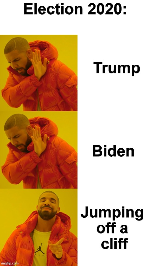election time | Election 2020:; Trump; Biden; Jumping off a
 cliff | image tagged in memes,drake hotline bling,politics,election 2020,election | made w/ Imgflip meme maker