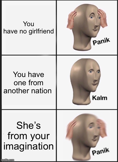 Panik Kalm Panik | You have no girlfriend; You have one from another nation; She’s from your imagination | image tagged in memes,panik kalm panik | made w/ Imgflip meme maker