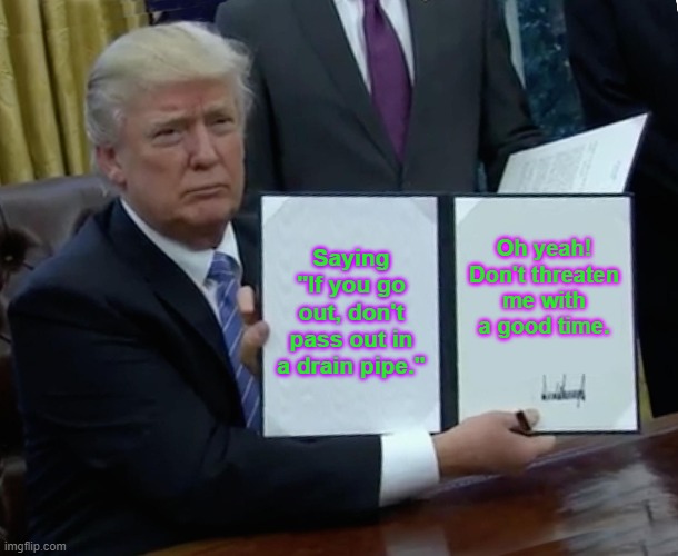 Trump Bill Signing | Saying "If you go out, don't pass out in a drain pipe."; Oh yeah! Don't threaten me with a good time. | image tagged in memes,trump bill signing | made w/ Imgflip meme maker
