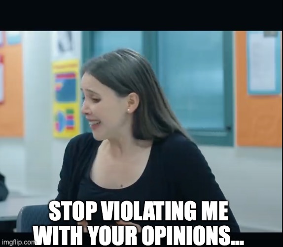 STOP VIOLATING ME WITH YOUR OPINIONS... | image tagged in crazy,nuts | made w/ Imgflip meme maker