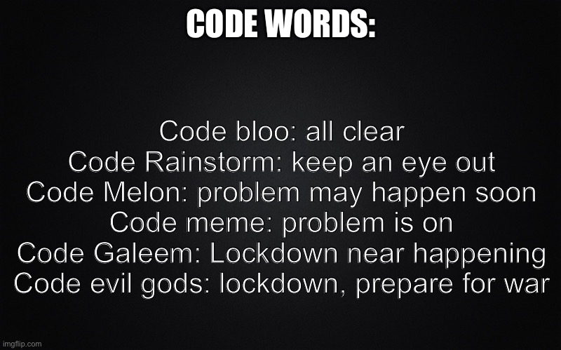 Code Dream: murder time | CODE WORDS:; Code bloo: all clear

Code Rainstorm: keep an eye out

Code Melon: problem may happen soon

Code meme: problem is on

Code Galeem: Lockdown near happening

Code evil gods: lockdown, prepare for war | image tagged in black blank rectangle c | made w/ Imgflip meme maker