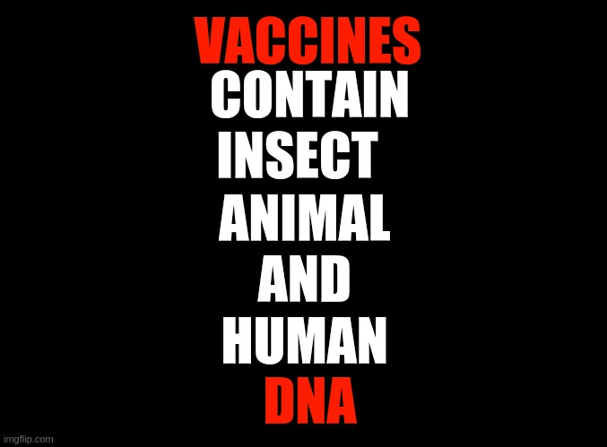 Insect, animal, and human | VACCINES; CONTAIN; INSECT; ANIMAL; AND; HUMAN; DNA | image tagged in blank black | made w/ Imgflip meme maker
