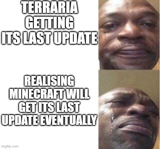 Black Guy Crying | TERRARIA GETTING ITS LAST UPDATE; REALISING MINECRAFT WILL GET ITS LAST UPDATE EVENTUALLY | image tagged in black guy crying | made w/ Imgflip meme maker