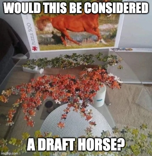 Draft horse | WOULD THIS BE CONSIDERED; A DRAFT HORSE? | image tagged in horse puzzle,horse,funny animals,horses | made w/ Imgflip meme maker