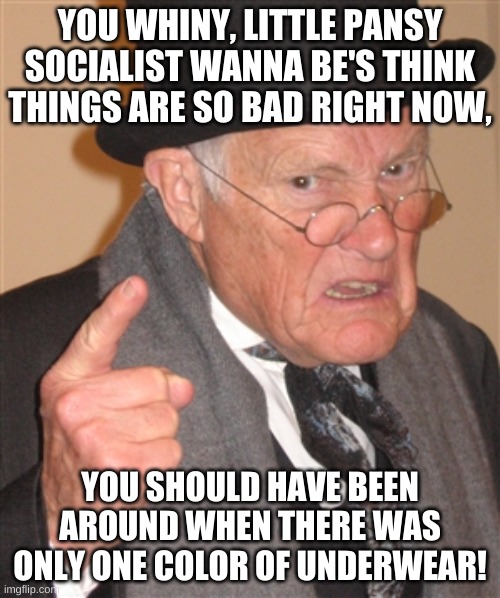 And you think that was a some kind of special privilege or something??? | YOU WHINY, LITTLE PANSY SOCIALIST WANNA BE'S THINK THINGS ARE SO BAD RIGHT NOW, YOU SHOULD HAVE BEEN AROUND WHEN THERE WAS ONLY ONE COLOR OF UNDERWEAR! | image tagged in angry old man | made w/ Imgflip meme maker