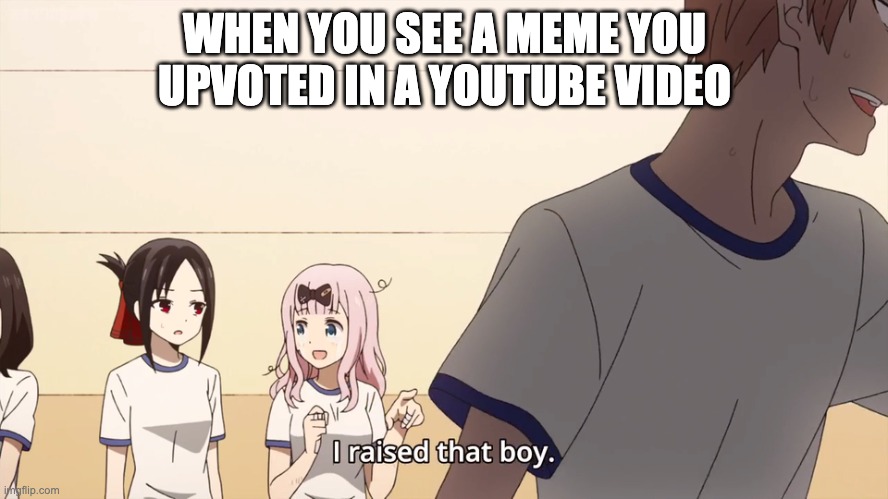 I raised that boy. | WHEN YOU SEE A MEME YOU UPVOTED IN A YOUTUBE VIDEO | image tagged in i raised that boy | made w/ Imgflip meme maker