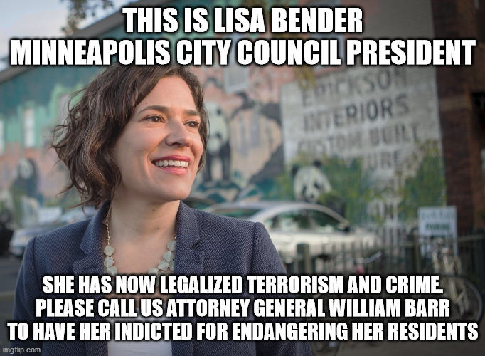 minneapolis city government | THIS IS LISA BENDER MINNEAPOLIS CITY COUNCIL PRESIDENT; SHE HAS NOW LEGALIZED TERRORISM AND CRIME. PLEASE CALL US ATTORNEY GENERAL WILLIAM BARR TO HAVE HER INDICTED FOR ENDANGERING HER RESIDENTS | image tagged in partners in crime,terrorism,minnesota,minneapolis riots,george floyd | made w/ Imgflip meme maker