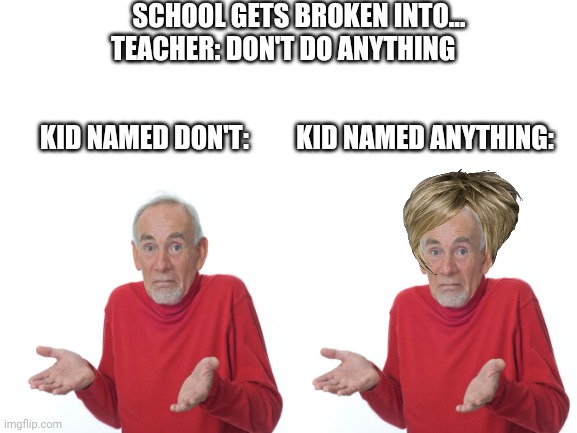SCHOOL GETS BROKEN INTO... TEACHER: DON'T DO ANYTHING; KID NAMED DON'T:         KID NAMED ANYTHING: | made w/ Imgflip meme maker