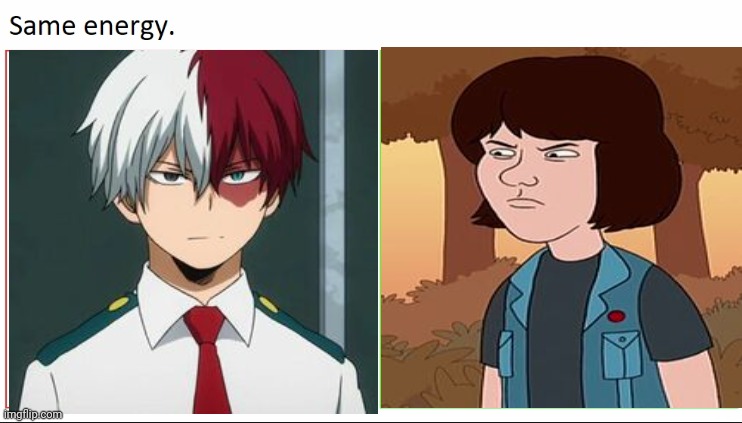 I cant be the only one who sees similarities between these 2 | image tagged in same energy,my hero academia,anime memes,edgy | made w/ Imgflip meme maker