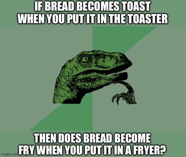 Bread | IF BREAD BECOMES TOAST WHEN YOU PUT IT IN THE TOASTER; THEN DOES BREAD BECOME FRY WHEN YOU PUT IT IN A FRYER? | image tagged in philosophy dinosaur,bread,toast | made w/ Imgflip meme maker