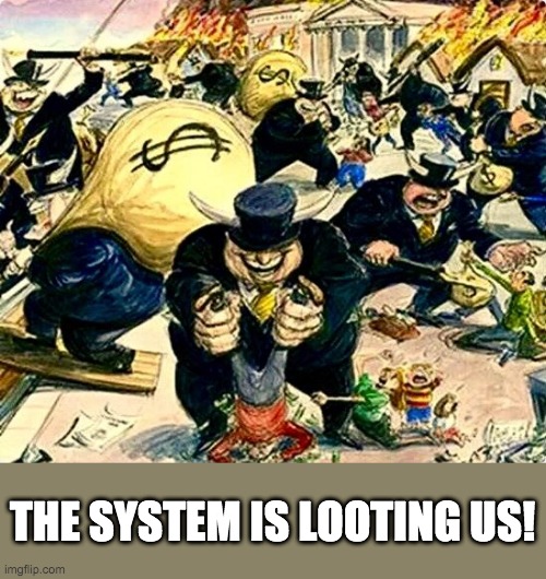 The system is looting us! | THE SYSTEM IS LOOTING US! | image tagged in looting,government,system,riot | made w/ Imgflip meme maker