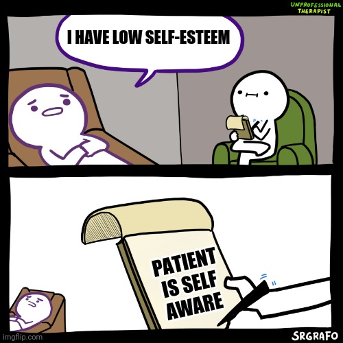 Unprofessional therapist | I HAVE LOW SELF-ESTEEM; PATIENT IS SELF AWARE | image tagged in unprofessional therapist | made w/ Imgflip meme maker