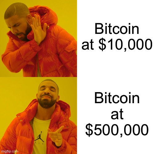 Drake Hotline Bling Meme | Bitcoin at $10,000; Bitcoin at $500,000 | image tagged in memes,drake hotline bling,Bitcoin | made w/ Imgflip meme maker