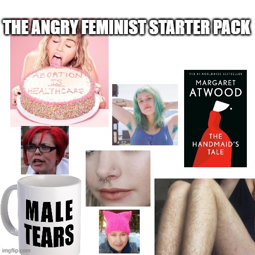 angry feminist starter pack | THE ANGRY FEMINIST STARTER PACK | image tagged in feminist,feminazi,triggered feminist | made w/ Imgflip meme maker
